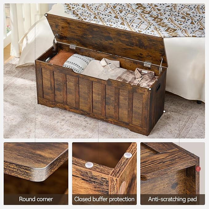 VANKILEY 43.3"Storage chest extra large,storage trunk with 2 safety Hinges,Wooden storage Bench,Shoe Bench,43.3x15.7x19.1 Inch,Easy Assembly,storage bench for bedroom,living room,entryway,Rustic Brown