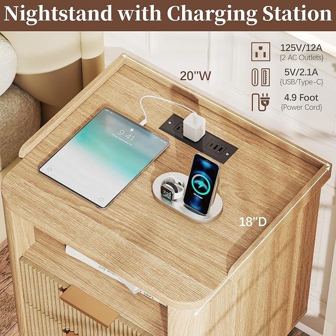 Baoz Fluted Nightstand with Charging Station & 2 Drawers, Natural Oak | 20" Wide Mid Century Modern Bedside Table with Light Wood Curved Profile 27in Tall LED Night Stand for Bedroom