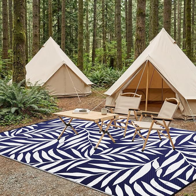 Smiry Outdoor Rug 8x10 ft, Waterproof Reversible Plastic Straw Rugs, Outdoor Area Rug with Leaf Pattern, Outside Floor Mat for Patio, Backyard, Deck, Picnic, Beach, Camping, Navy & White