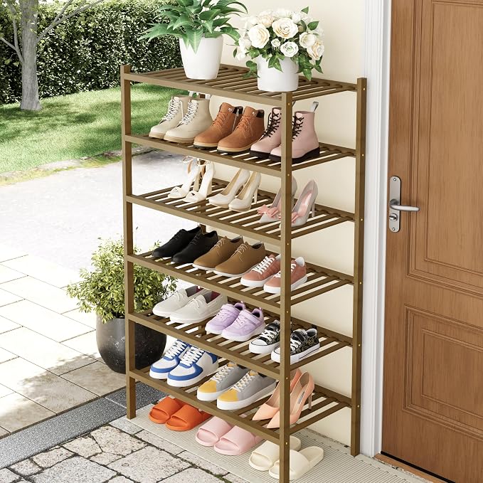 Smiry Bamboo Shoe Rack, 6 Tier Free Standing Wooden Shoe Organizer, Stackable Wood Shoe Storage Shelf for Closet, Entryway, 14 Vertical Slats, 2+2+2 Stack Heavy-Duty Legs, 26.8"x11"x39", Walnut
