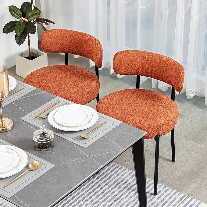 DYHOME Mid-Century Modern Dining Chairs Set of 6, Boucle Dining Chairs Upholstered with Black Metal Legs, Curved Backrest Kitchen Dining Room Chairs, Orange