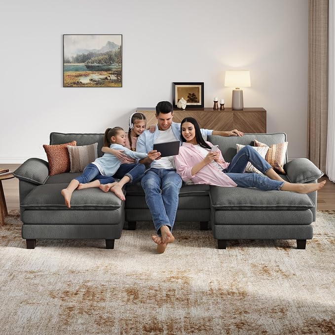 LINSY HOME 123'' Modular Sectional Sofa 3 Seat Couch Corduroy Cloud Couch with Deep Seat, Modern Cloud Couch with 2 Movable Ottoman for Living Room, Office, Bedroom, Grey