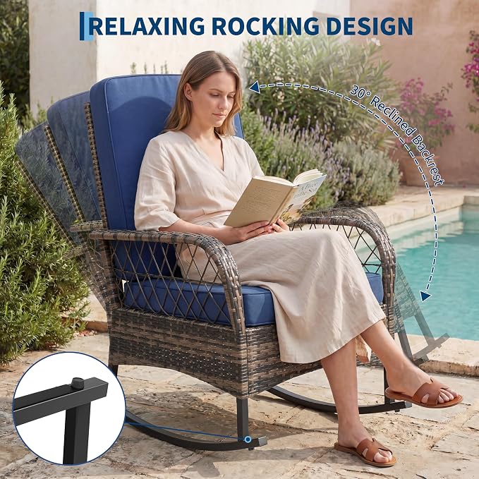 Garvee 3 pcs Outdoor Rocking Bistro Set, Wicker Rocking Bistro Set with Thick Cushions, Outdoor Rocker Chairs and Coffee Table for Porch, Backyard or Garden (Brown&Blue)