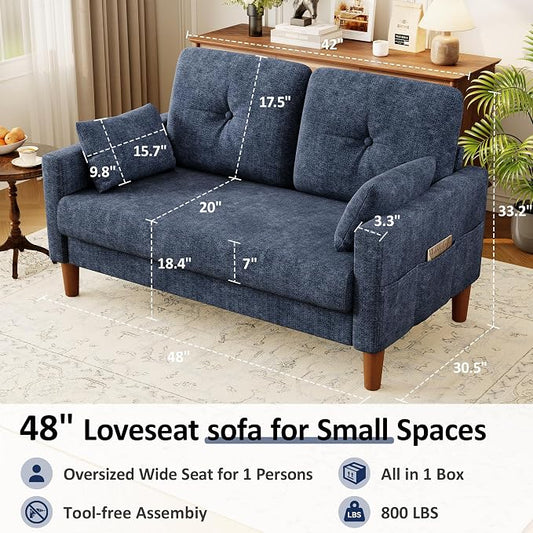 Vipbear 48" Loveseat Sofa,Modern Small Couches for Small Spaces,Blue Chenille Love Seat Couch for Living Room,Bedroom,Apartment,Office,Deep Seat,Throw Pillow,Side Pockets,Square Armrest