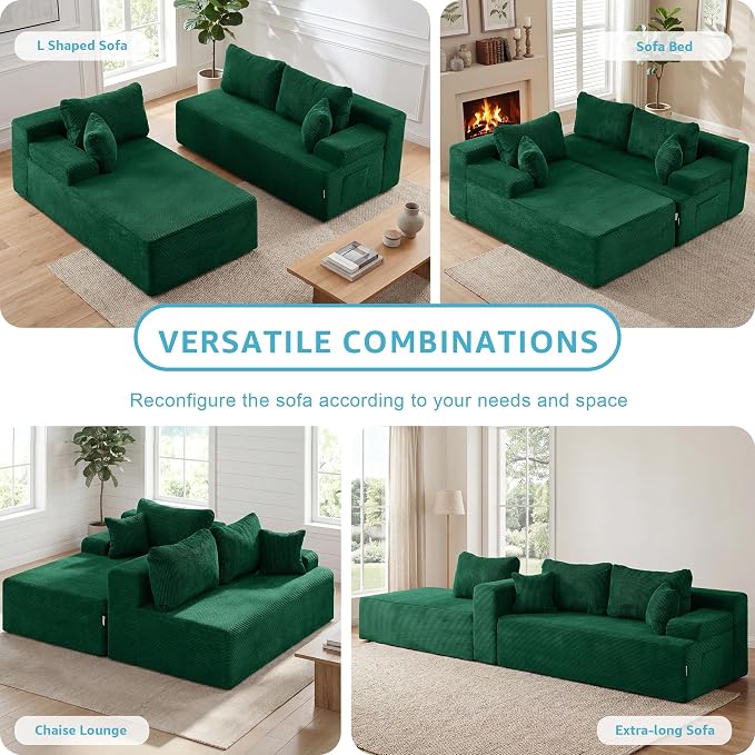Hobestluk Modular Sectional Sofa Couches L-Shape Couch 3 Seat Modular Sofa Memory Foam Sectional Couches for Living Room, Cloud Couch with Oversized Chaise (Green Corduroy, 108", Left Hand Facing)