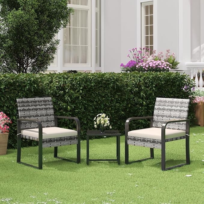 Bezseller 3 Piece Outdoor Patio Furniture Set, Patio Bistro Set Wicker Conversation Set, Modern Rattan Chair with Glass Coffee Table for Backyard, Porches, Poolside, Lawn and Balcony