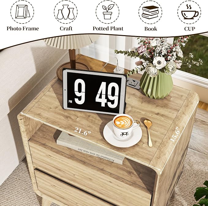 3-Piece Farmhouse Bedroom Storage Set, 9-Drawer Dresser & Nightstands Set of 2 with Charging Station, Handle-Less Design, Rounded Corners, Anti-Tip Safety Furniture, Natural