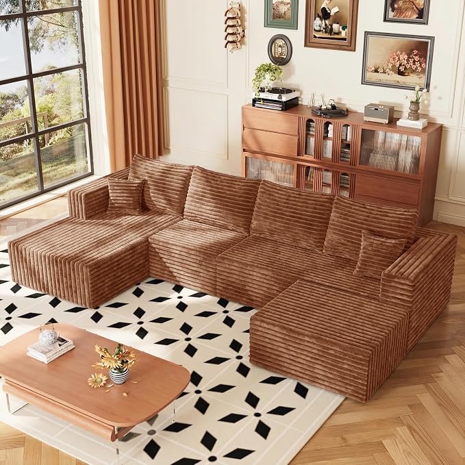 118" Sectional Sofa, Boneless Compressed Sofa in a Box, U-Shaped Cloud Couch with Deep Seats & Chaise for Living Room, No Assembly Required (Orange, 118" U-Shape with Left Facing Chiase)