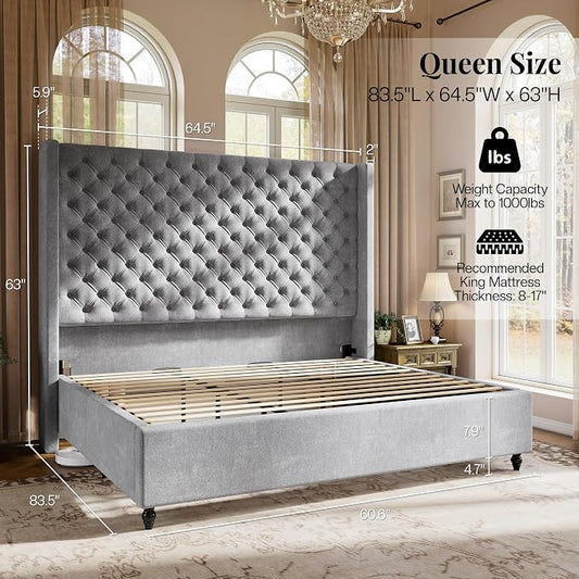 Jocisland Queen Size Bed Frame with 63" Tall Headboard, Upholstered Wingback Platform Design, Handcrafted Pleats & Deep Button Tufted, Solid Wood Legs, No Box Spring Needed, Grey