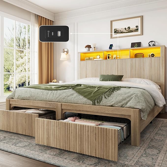 CypBed Queen Size Bed Frame with Headboard and Storage Drawers, Queen Bed Frame with LED Light and Charging Port, Farmhouse Wavy Design, Wood & Metal Platform, Noise-Free, No Box Spring Needed, Wood