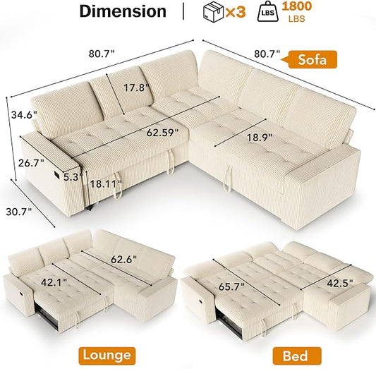 Sunny Heart Modular Sectional Sleeper Sofa with Pull Out Bed, Corduroy L Shaped Sectional Sofa with USB Ports/Adjustable Backrest/Storage Seats, Tool-Free Assembly, Couches for Living Room Beige