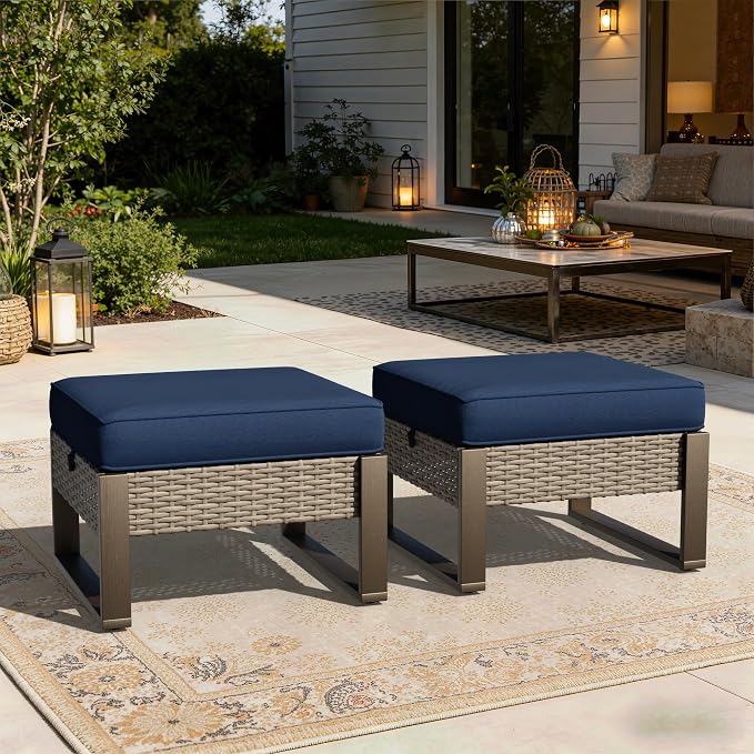 Joyside Outdoor Patio, All-Weather PE Rattan Ottomans Footstools with Removable Cushions & Anti-Rust Wood-Looking Legs for Garden, Backyard, Porch, Deck (Blue)
