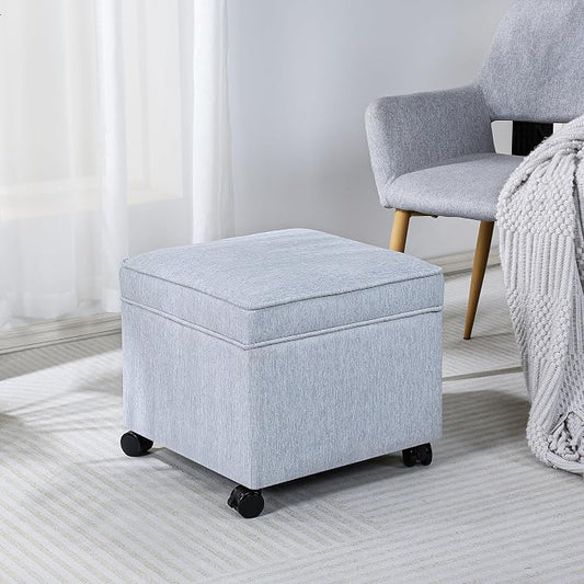 Adeco 17.5 inch Square Storage Ottoman with Wheels & Flip Top Lid, Upholstered Linen Foot Rest Stool, Small Coffee Table for Living Room & Bedroom, Ice Blue