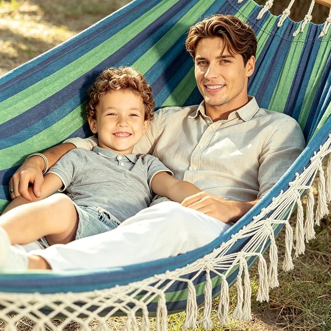 Bellzacasa Brazilian Double Camping Hammock, Portable Hammock Heavy Duty 500 lb Load Capacity Tassels and Fishtail Knitting with Carry Bag & Tree Straps for Patio Balcony Backyard, Blue Stripes