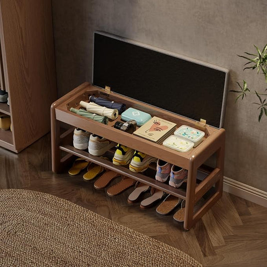AQIMUELE Shoe Rack Bench,2 Tiers Shoe Bench with Storage with Flip-Top,Wood Shoe Rack for Entryway,Hallway(Walnut Upholstered Seat,11.8" D x 31.5" W x 15.7" H)