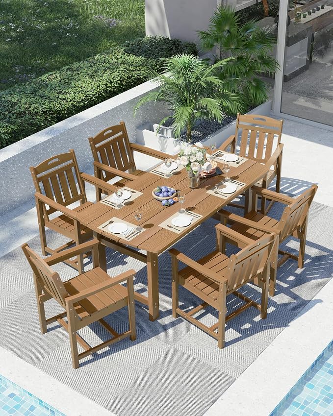 Ciokea HDPE Outdoor Dining Set, 7-Piece Patio Table and Chairs Set with Umbrella Hole, All-Weather Patio Dining Sets for 6, Durable Patio Furniture for Backyard, Garden, Lawn & Poolside, Teak