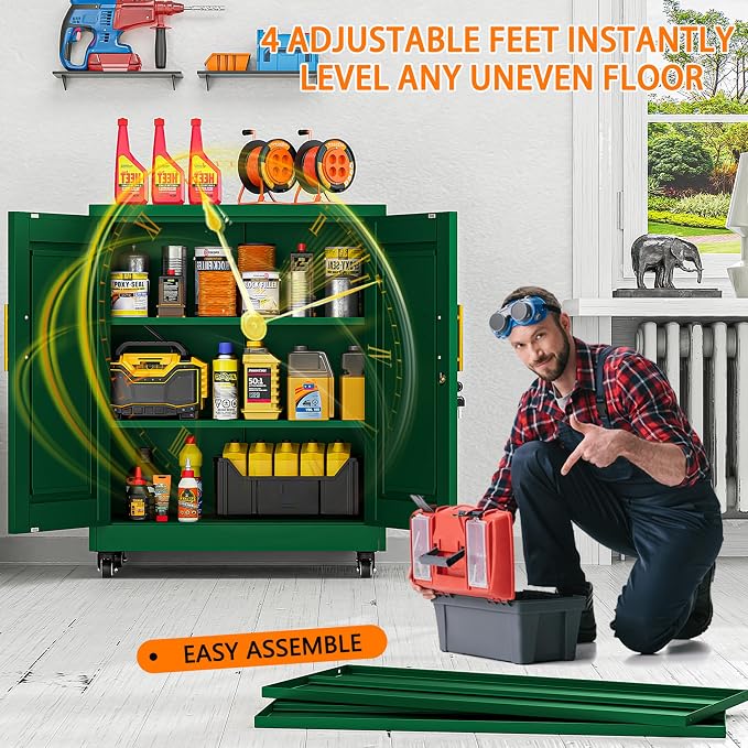 Rolling Metal Tool Storage Cabinet with Doors and Adjustable Shelves, Small Locking Garage Storage Cabinet, Green Steel Tool Cabinets with Wheels for Garage, Basement, Office, Utility Room