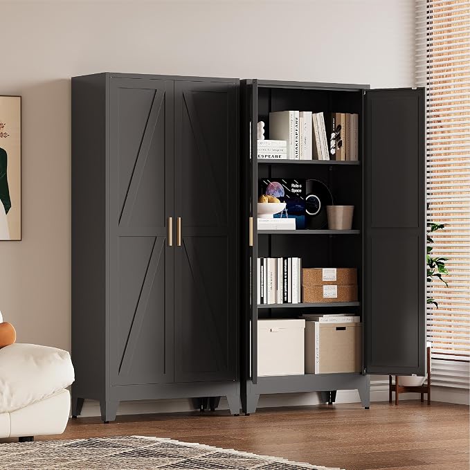 61”H Metal Kitchen Pantry Cabinet, Pantry Cabinets with 2 Doors and 3 Shelves, Kitchen Cabinet for Kitchen, Dining Room, Living Room and Bathroom, Black