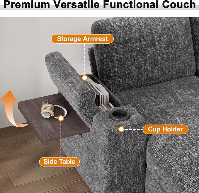 Vipbear Premium 111" Modular Sectional Sleeper Sofa, 7 Seat Sleeper Sofa with Pull Out Bed for Living Room, L Shaped Couch with Storage Chaise|USB Ports|Cup Holders|Storage Armrests|Side Table, Gray
