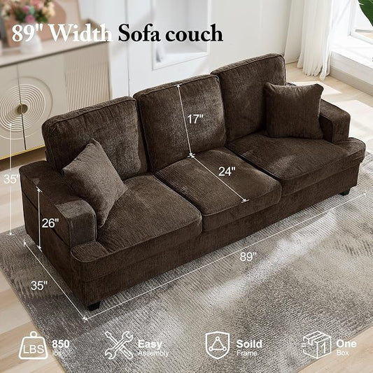 Korser 89" Couches for Living Room with Deep Seats, 3 Seater Sofa Couch, Mid Century Modern Chenille Sofa with Armrests, Upholstered Comfy Sofas for Living Room, Bedroom, Office, Apartment (Brown)