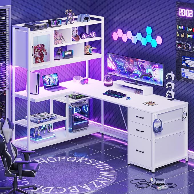 SEDETA L Shaped Computer Desk, 58'' Office Desk with 3 Drawers and Bookshelf, L Shaped Corner Desk with Storage Shelves and LED Light for Home Office, Gaming Desk, L Desk, White