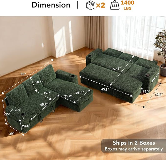 Sunny Heart L-Shaped Sleeper Sofa with Pull Out Bed, 82" Sectional Couch with Reclining Backrest, Reversible Storage Chaise, Armrest Storage, Cup Holders, and Side Pockets, Tool-Free Assembly, Green