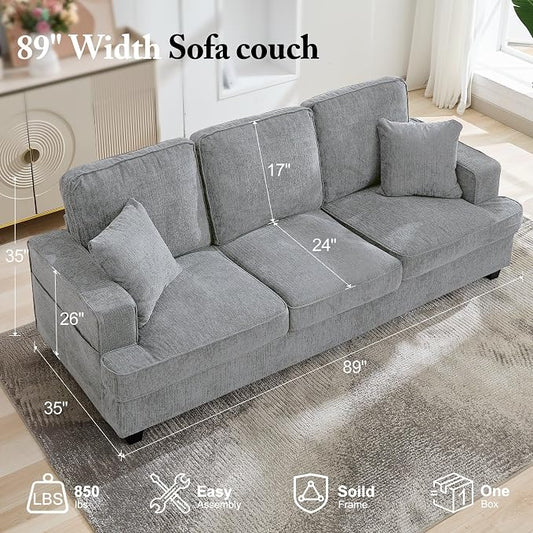 Korser 89" Couches for Living Room with Deep Seats, 3 Seater Sofa Couch, Mid Century Modern Chenille Sofa with Armrests, Upholstered Comfy Sofas for Living Room, Bedroom, Apartment, Office (Pewter)