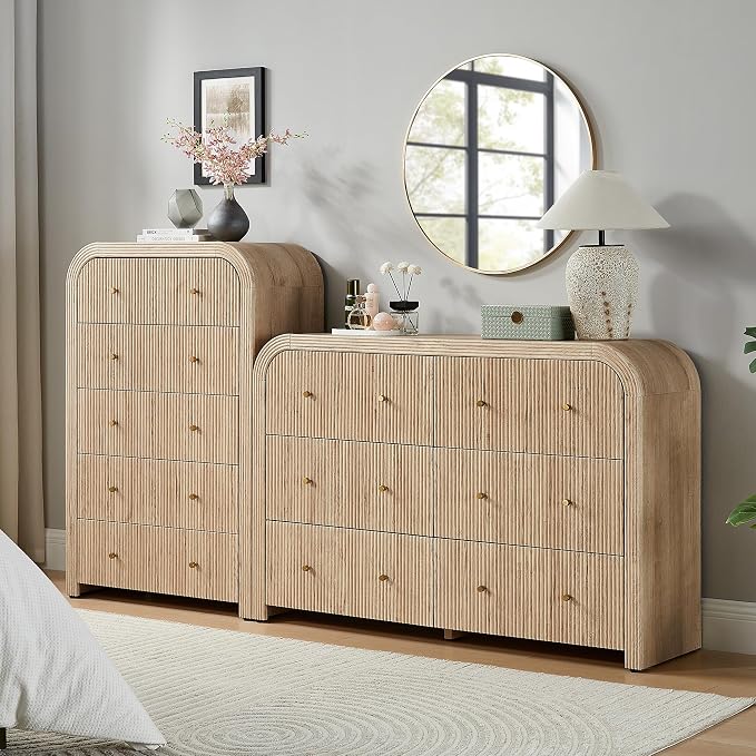 T4TREAM Fluted Dresser with 5 Drawers, 48" Tall Modern Chest of Drawers with Thickened Curved Profile Design, Wood Closet Clothes Storage Organizer for Bedroom, Living Room, Hallway, Natural Oak