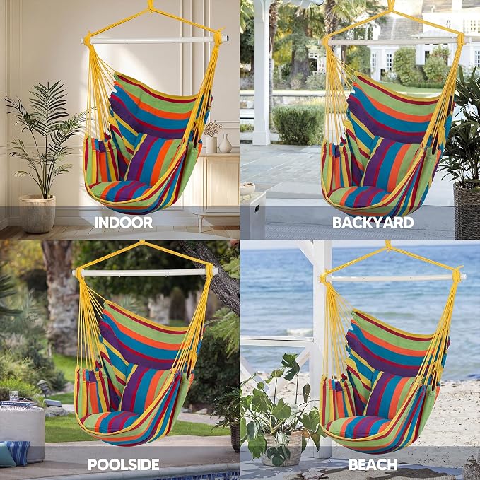 SUNCREAT Hammock Chairs Hammock Chair Swing with Steel Support Bar, Side Pocket, Large Swing Chair for Bedroom, Patio, Garden, Rainbow