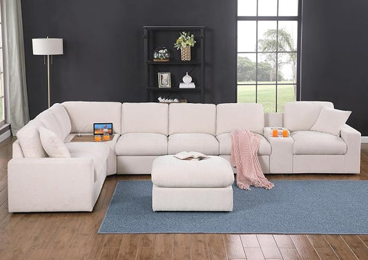 Ball & Cast 157" Oversized Modular Sectional Sofa L-Shaped,Large Chenille Upholstered Couch 8 Seat with Ottoman,Cup Holders & USB Ports,Comfty Sectionals W/Pillows & Storage Box,for Living Room,Beige