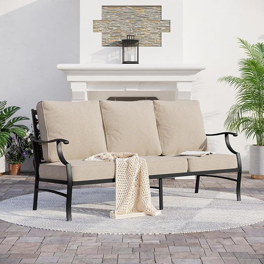 SUNSHINE VALLEY Metal Patio Furniture Sofa with 5.75" Super-Thick Waterproof Cushion, 3-Seater Deep Seating & High-Back Outdoor Couch for Patio Backyard Deck Front Porch