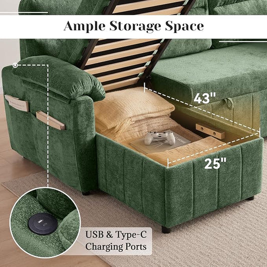 Tbfit 80'' Sleeper Sofa Bed, 3 in 1 Cloud Pull Out Sofa Couch with USB & Storage Chaise, Chenille Convertible Sofa Bed with Pull Out Bed, Couches for Living Room, Apartment, Office, Green