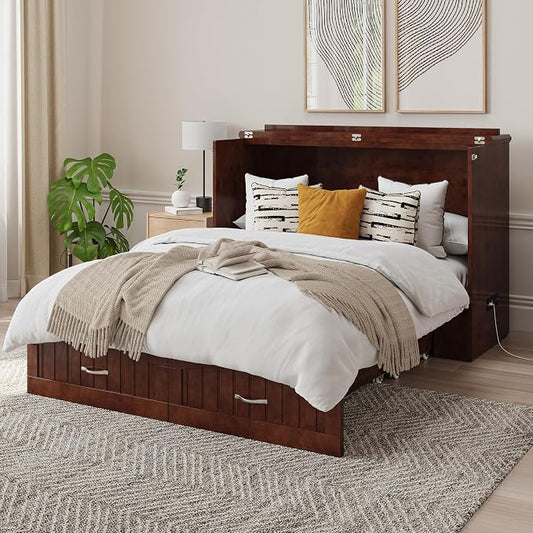 AFI, Southampton Murphy Bed Chest Full with 6" Mattress, Built-in USB Charger & Storage Drawer, Walnut