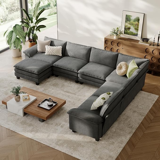 LINSY HOME Modular Sectional Sofa 6 Seat Couch Corduroy Cloud Couch with Deep Seat, Modern C-Shaped Cloud Couch for Living Room, Office, Bedroom, Grey