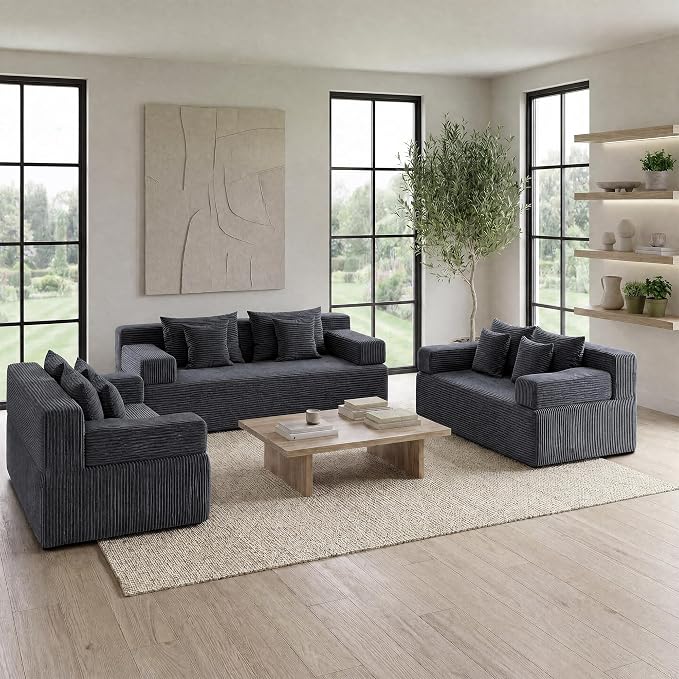 MONVANE 3-Piece Boneless Loveseat Couch Set for Living Room, Oversized Modular Sectional Sofa Set with Removable Armrests, Comfy Corduroy Cloud Couch with 12 Pillows, No Assembly Required, Grey