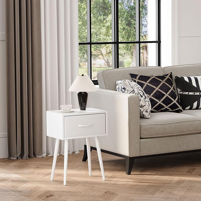 Small White Nightstands Set of 2, Bedside Table with Fabric Drawer, Modern End Table with Metal Leg, Couch Side Table for Bedroom Living Room, Sofa, Office LNT504W
