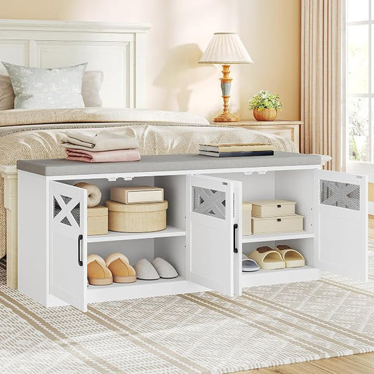 Hzuaneri 2 Tier Shoe Storage Bench with Doors, 47.2" Farmhouse Shoe Bench with Padded Cushion, 12 Pairs of Bed End Bench, Entryway Bench with Storage for Bedroom, Living Room, White SB61203X