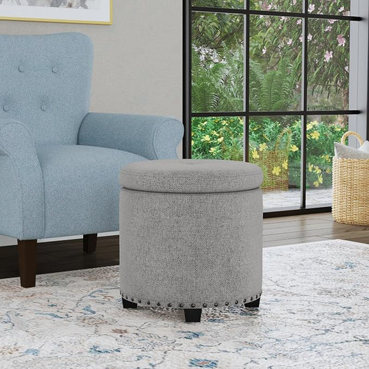 HomePop 18.5" Round Storage Ottoman with Nailheads - Grey Woven