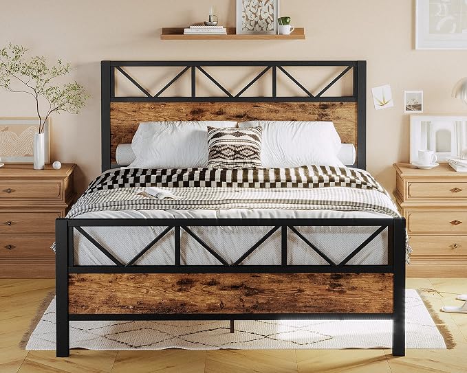 LIKIMIO Queen Bed Frame, Tall Industrial Headboard 51.2 ", Platform Bed Frame with Strong Metal Support, Solid and Stable, Noise Free, No Box Spring Needed, Easy Assembly, Vintage Brown