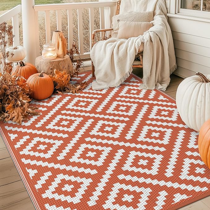 GENIMO Outdoor Rug for Patio, 6'x9' Fall Reversible Plastic Straw Rugs, Waterproof Halloween RV Camping Mat Lightweight Carpet for Camper, Balcony, Deck, Backyard, Picnic, White Orange