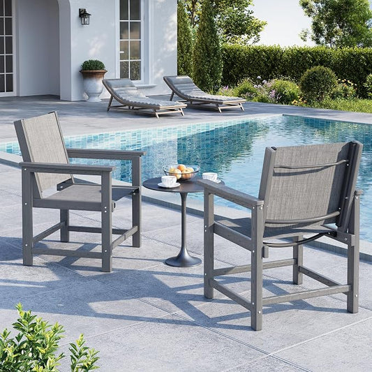 Amopatio HDPE Patio Dining Chair Set of 2 with Armrests - Textilene Outdoor Chair with Wide Seat for Poolside, All Weather UV Resistant Heavy Duty Patio Chair for Backyard Balcony & Deck(Gray)