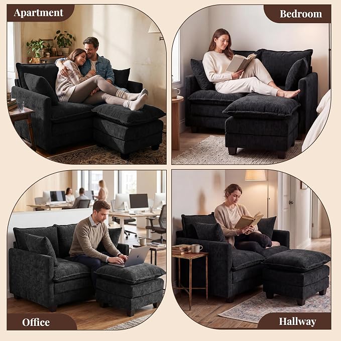 Loveseat Sofa with Ottoman, Cloud 3-Layer Cushion, 27" Deep Seat Love Seat Small Couch with 2 Pillows for Small Spaces, Bedroom, Apartment, Office, Living Room, in a Box, 50-Inch Black