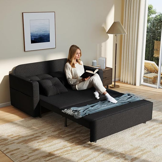 Krcix 3 in 1 Sofa Bed, 56 Inch Convertible Pull Out Couch, Loveseat Sleeper Sofa with Cup Holders, USB, Side Pockets, Multi-Function Couch Bed for Living Room, Apartment, Black