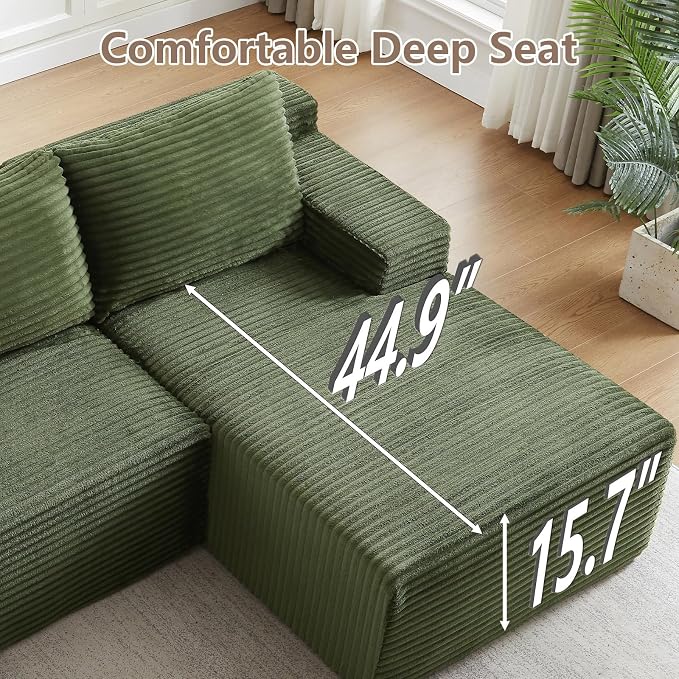 96" Cloud Sectional Couch with L-Shape Chaise, Modular Comfy Sofa Chaise Longue, Upholstered Corduroy Couches Sleeper with Deep Seat for Living Room Bedroom, No Assembly Required(Green, Right Facing)