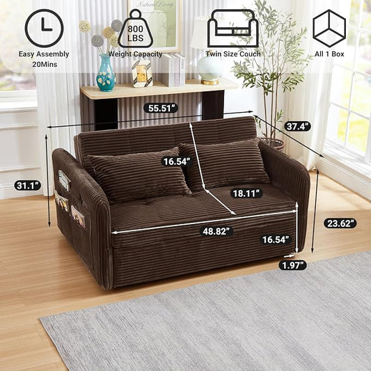 55.5" Corduroy Convertible Sofa Bed, Pull Out Sleeper Sofa Bed, Loveseat Couch with USB Charging Ports, 3 in 1 Convertible Sleeper Sofa Bed for Living Room, Apartment, Bedroom, RV, Brown
