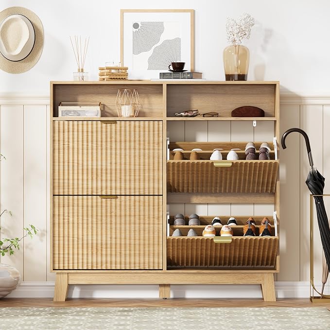 HUANLEGO Shoe Cabinet Storage for Entryway with 4 Flip Drawers, Fluted Narrow Shoe Organizer with Wooden Legs & Top Cubby, Freestanding Slim Shoe Storage Hidden Shoe Rack for Front Door Entrance, Oak
