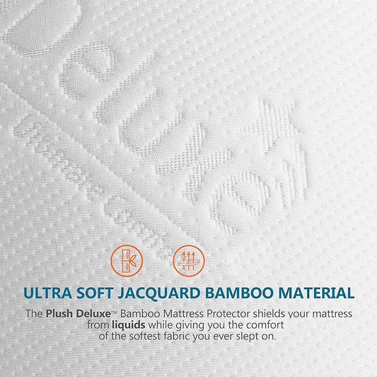 PlushDeluxe Premium Bamboo Mattress Protector – Queen Size, Waterproof, & Ultra Soft Breathable Noiseless Washable Bed Mattress Cover for Comfort & Protection - White
