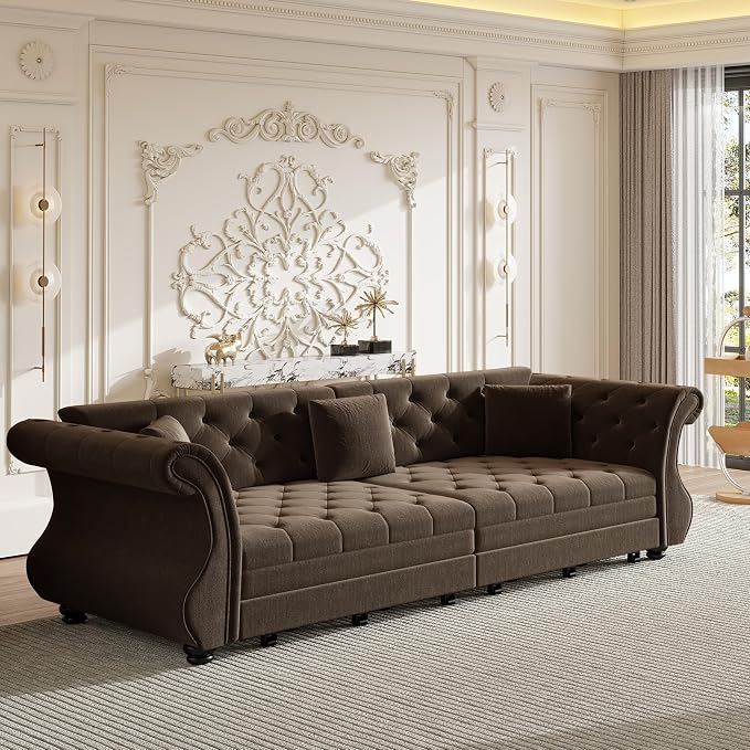 97.6" Oversized Pull Out Sofa Bed, Chesterfield Velvet Sleeper Sofa Couch with Roll Arm & Flower Tufting, Heavy Duty Metal Frame Convertible Sofa for Living Room, Apartment, Guest Room, Brown