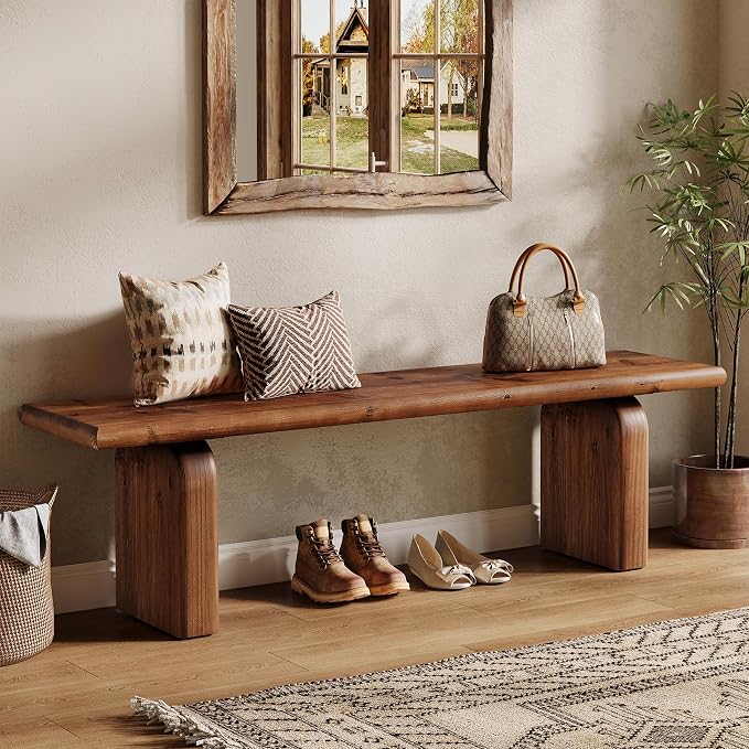 62.99-Inch Solid Wood Entryway Bench, Farmhouse Indoor Wooden End of Bed Bench for Entryway, Hallway, Bedroom, Dining Room, Living Room, Easy Assembly, Rustic Brown