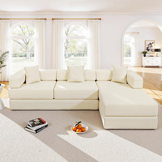 ivoros 108" Oversized Convertible Sleeper Sofa Bed, Corduroy L Shape Sectional Couch, Folding Sofa Bed with Fixed-Shape Frame, Modern Cloud Floor Mattress Couch, Modular Sofa for Living Room, Beige
